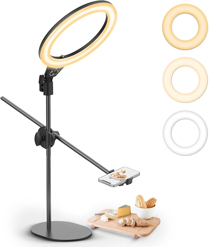 ULANZI Overhead Phone Mount Tripod with Light, 3500k-6500K 10" Desk Ring Light with Stand and Phone Holder for Video Recording, Zoom Meeting, Make Up, Cooking, Selfie, Live Streaming, Tiktok, YouTube