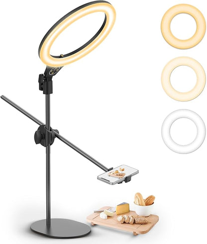 ULANZI Overhead Phone Mount Tripod with Light, 3500k-6500K 10" Desk Ring Light with Stand and Phone Holder for Video Recording, Zoom Meeting, Make Up, Cooking, Selfie, Live Streaming, Tiktok, YouTube