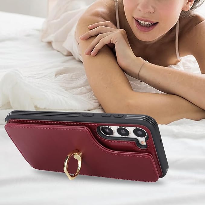 Lipvina for Samsung Galaxy S22 Case with Card Holder and Strap for Women,Crossbody Lanyard,RFID Blocking,Stand Ring Kickstand,Snap Clasp,Phone Wallet Cases 6.1 inch(Wine Red)