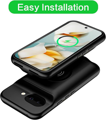 Battery Case for Google Pixel 9A, Upgraded 10000mAh Rechargeable Portable Charging Case with Wireless Charging Compatible for Google Pixel 9A (6.3 inch) Extended Battery Pack Charger Cover (Black)