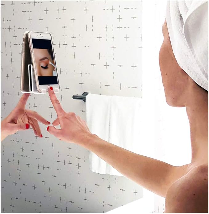 AIRSTIK Cell Phone Holder for Glass Shower, Mirror & Window | Suction Mount Universal Modular New Removable Back Plate | Reusable Waterproof for Bathroom, Kitchen, Dorm, Gym Made in USA (Black)