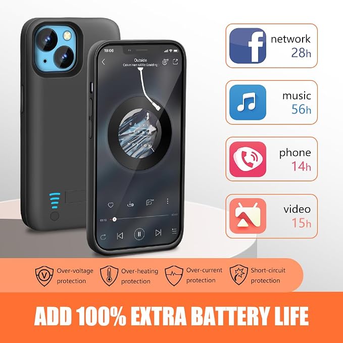 [Upgraded] Battery Case for iPhone 14, 5000mAh Rechargeable Extended Battery Charging/Charger Case, Add 100% Extra Juice, Support Wire Headphones (6.1 inch) Black