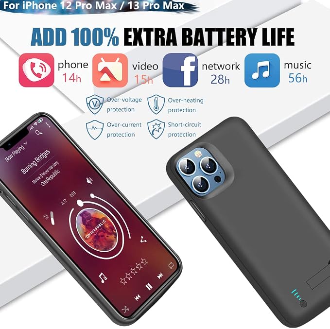 Battery Case for iPhone 12 Pro Max/iPhone 13 Pro Max, 6000mAh Rechargeable Extended Battery Charging Charger Case, Add 100% Extra Juice (6.7 Inches) Black