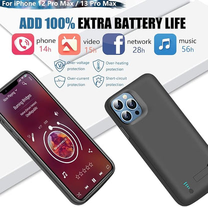 Battery Case for iPhone 12 Pro Max/iPhone 13 Pro Max, 6000mAh Rechargeable Extended Battery Charging Charger Case, Add 100% Extra Juice (6.7 Inches) Black
