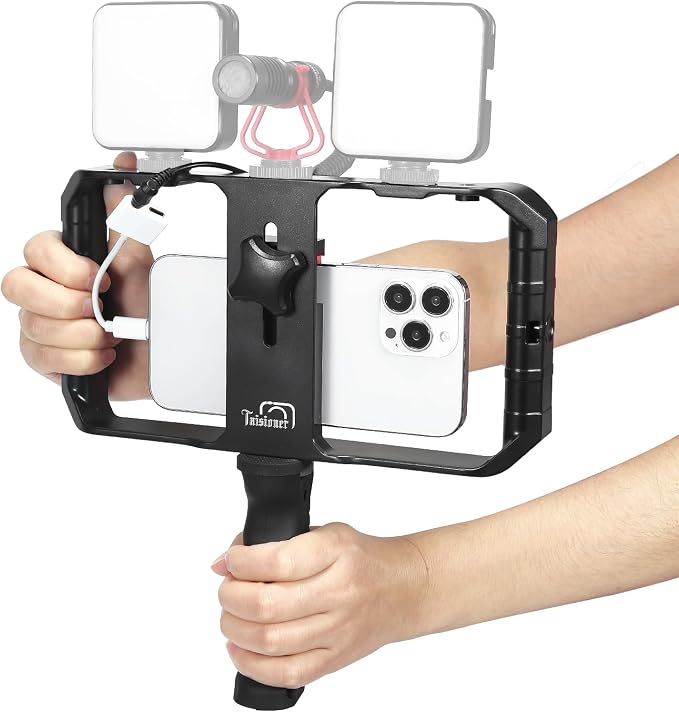Taisioner Smartphone Video Rig Hand Girp Stabilizer Filmmaking Vlogging Case Phone Video Stabilizer with Cold Shoe for Film Maker Video Grapher Compatible with iPhone 15/14/13/12/ Pro Max and Android