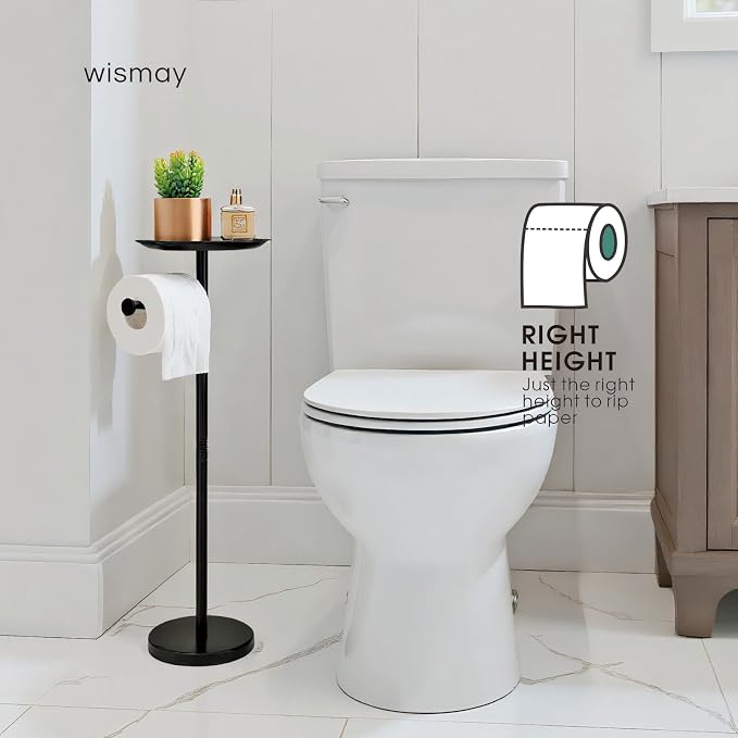 Toilet Paper Holder Stand with Shelf on Top, Black TP Roll Holder Floor Standing, Sturdy Base (Black)