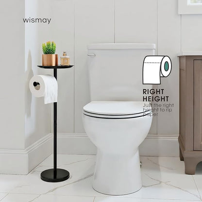 Toilet Paper Holder Stand with Shelf on Top, Black TP Roll Holder Floor Standing, Sturdy Base (Black)