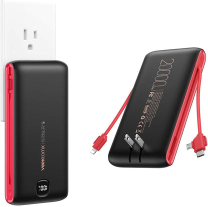 VEEKTOMX Portable Charger with Built in Cables 20000mAh, Power Bank for iPhone with AC Wall Plug, Fast Charging USB C Slim Battery Pack with LED Display Compatible with iPhone 17/16/15, Samsung