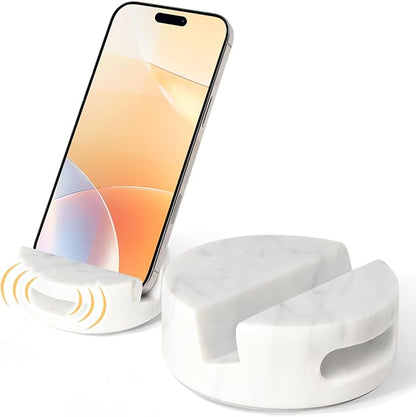 CHISELED ST DF SK Elegant and Versatile White Marble Phone Stand with Sound Amplified Output iPhone Phone Holder Function for Office Desk,Kitchen Counter,Bathroom,and Bedside