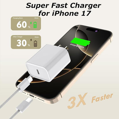 USB C Charger Fast Charging for iPhone 17,3Pack 20W Type C Fast Charging Block with 10FT Extra Long USB C-C Woven Cable Charger Compatible with iPhone Air/17/16/15 Pro Max,iPad Pro/Air/Mini,AirPods