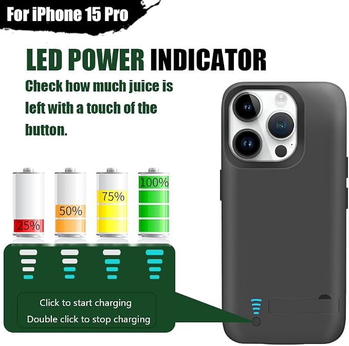 Sitong Battery Case for iPhone 15 Pro, 5000mAh Rechargeable Extended Battery Charging/Charger Case, Add 100% Extra Juice (6.1 inch) Black