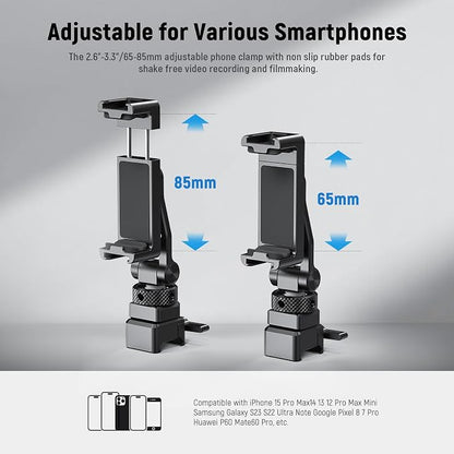 NEEWER Metal Phone Tripod Mount with Cold Shoe NATO Clamp Compatible with DJI RS5 RS4 RS3 Pro RS2 RSC2 Gimbal Stabilizer, 180° Tilt Phone Clip Holder Compatible with iPhone 15 Pro Camera Cage, GA010