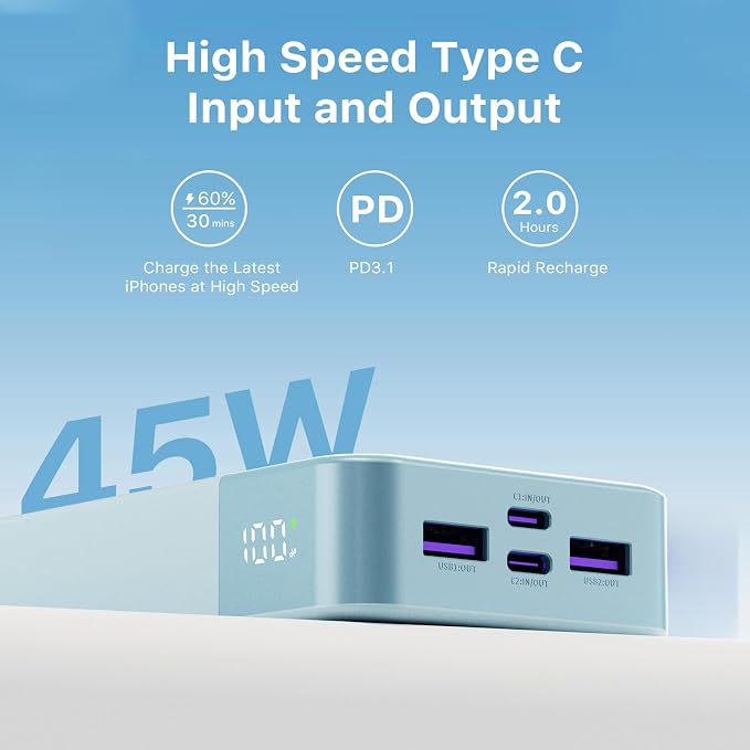 J2621 Power Bank Portable Charger 20000mAh 45W, PD3.0 QC 4.0 Fast Charging Battery Pack with LED Display,2 USB-C,2 USB-A for iPhone 15 16, MacBook