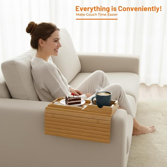 Couch Cup Holder, Bamboo Sofa Armrest Tray with Detachable Cup Holder – Foldable Anti-Slip Sofa Table Armrest Tray for Drinks, Snacks, Remotes & Phones – Universal Fit Organizer, Easy to Clean