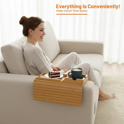 Couch Cup Holder, Bamboo Sofa Armrest Tray with Detachable Cup Holder – Foldable Anti-Slip Sofa Table Armrest Tray for Drinks, Snacks, Remotes & Phones – Universal Fit Organizer, Easy to Clean