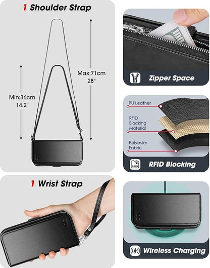 OCASE for iPhone 17 Pro Max Crossbody Wallet Case - Stylish PU Leather Handbag Phone Purse with Zipper Closure, Card Slots & RFID Blocking - Wrist Strap, Lanyard, Kickstand -, Black