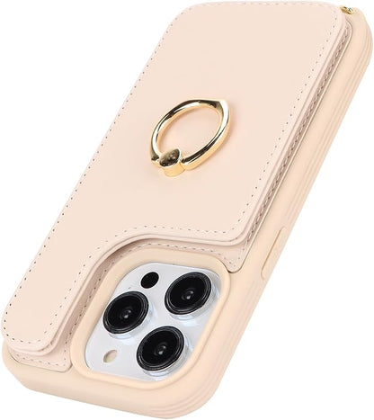 Lipvina for iPhone 14 Pro Case with Card Holder for Women,Phone Case with Strap,Crossbody Lanyard,RFID Blocking,Ring Stand,Snap Clasp,Cute Wallet Cases 6.1 inch (Beige)