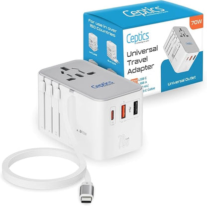 Ceptics 70W Universal Adapter, USB-C Cable, 3 USB Ports & Universal Socket | 5 in 1 Design, Universal Travel Adapter for USA, EU, UK, AU & more, Type A, C, G & I Plugs, 25.6" Retractable USB-C Cable
