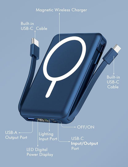 podoru for Magsafe Battery Pack, 10000mAh Magnetic Power Bank Built-in Double USB C Cables 20W PD Fast Charging LED Display Wireless Portable Charger for iPhone 17/16/15/14/13/12 Series-Navy Blue