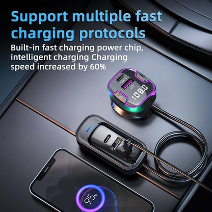 Bluetooth 5.3 Adapter for Car, 5 Ports Wireless FM Radio Transmitter for Car, Radio Bluetooth Receiver, Hands-Free Calling [U Disk &Colorful Ambient Lighting]