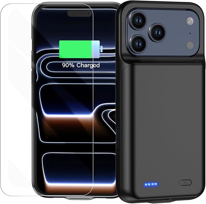 Battery Case for iPhone 17 Pro, Ultra-Slim 7000mAh Portable Extended Charging Charger Case, Rechargeable Battery Pack with Tempered Glass Screen Protector Glass Film for iPhone 17 Pro (6.3 inch)-Black