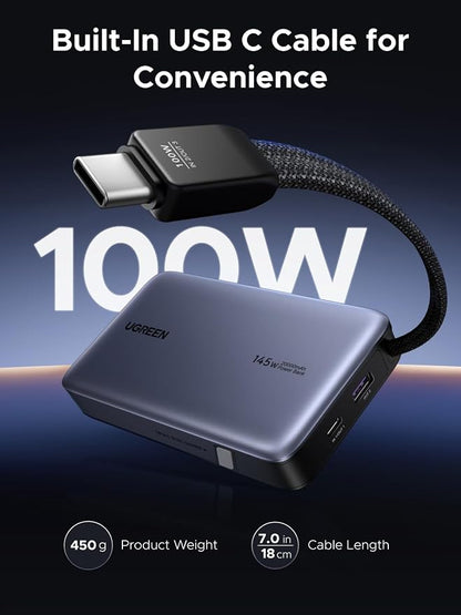 UGREEN Nexode Power Bank, 20000mAh 145W Laptop Portable Charger with Built-in USB-C Cable 72Wh Fast Charging Business Travel Battery Pack for MacBook Pro/Air/ipad/iPhone 17/Samsung S25/Dell/HP/Lenovo