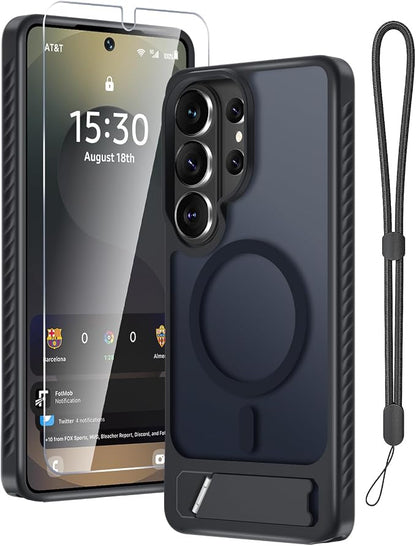 RMOCR for Samsung Galaxy S26 Ultra Case with Screen Protector+Lanyard Wrist Strap,Magnetic Translucent Matte Rugged Slim Phone Cover Built in Invisible Kickstand [Fit for MagSafe],2026 Black
