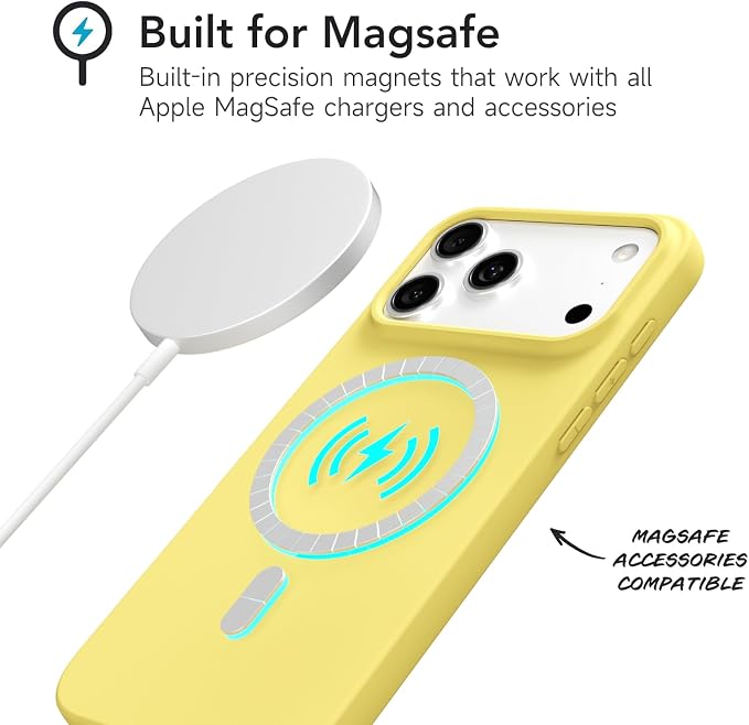 for iPhone 17 Pro Case Silicone Compatible with Magsafe Case, Ultra Slim Thin Magnetic Phone Cases Mag Safe, Cute Soft Rubber Gel TPU Matte Plain Wireless Charging Cover for Women, Yellow