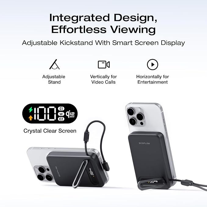 EF ECOFLOW Rapid Mag Power Bank, Qi2.2 25W MagSafe-Compatible Portable Charger, 10,000mAh Magnetic Power Charger with Built-in USB-C Cable and Foldable Stand, for iPhone 17/16/15
