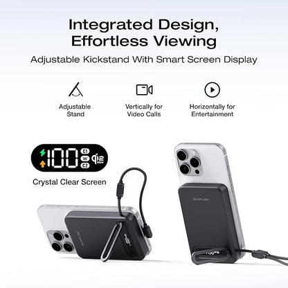 EF ECOFLOW Rapid Mag Power Bank, Qi2.2 25W MagSafe-Compatible Portable Charger, 10,000mAh Magnetic Power Charger with Built-in USB-C Cable and Foldable Stand, for iPhone 17/16/15