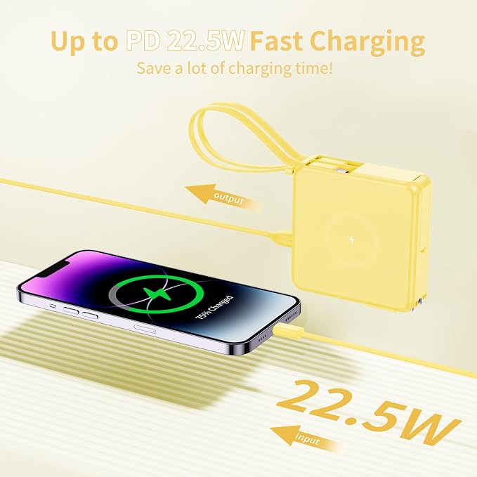 Wireless Charging Portable Charger with Built-in Cables & AC Wall Plug, 10000mAh Power Bank with LED light, PD 22.5W Fast Charging Travel Portable Charger for iPhone, Samsung, Android(No-Magnetic)