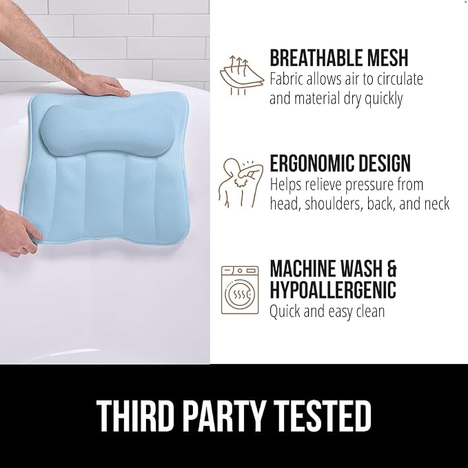 GORILLA GRIP Bath Pillow for Tub, 6 Strong Suction Cups, 4D Mesh FlexComfort Headrest for Neck, Head and Back Support, Luxury Machine Washable Pillows, Bathtub Accessories, Spa Gifts for Women, Blue