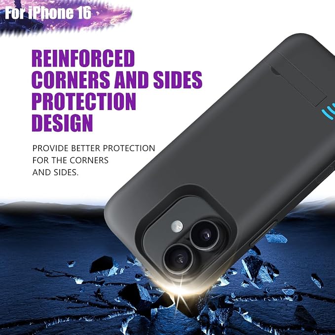 Battery Case for iPhone 16, 5000mAh Rechargeable Extended Battery Charging/Charger Case, Add 100% Extra Juice (6.1 Inches) Black