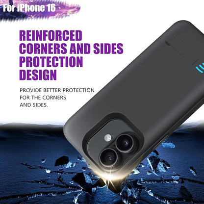 Battery Case for iPhone 16, 5000mAh Rechargeable Extended Battery Charging/Charger Case, Add 100% Extra Juice (6.1 Inches) Black