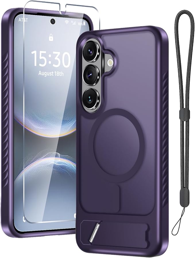 RMOCR for Samsung Galaxy S26+ Plus Case with Screen Protector+Lanyard Wrist Strap,Magnetic Translucent Matte Rugged Slim Phone Cover Built in Invisible Kickstand [Fit for MagSafe],2026 Purple