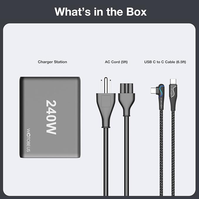 WOTOBEUS 240W 5-Ports USB C GaN Charger with ETL, PD 100W PPS45W Super Fast Charging Station & 5A Cable & AC Cord for iPhone 17 16 15 iPad MacBook Pro Air Galaxy S25 S24 Ultra Pixel Type-C Laptop