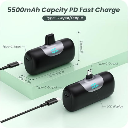 [2-Pack] 5500mAh Portable Charger for iPhone 17/16, LCD Display USB C Mini Power Bank,PD Fast Charging Travel Lipstick Sized Battery Pack for iPhone 17/16/15 Pro Max, Galaxy S25/S24, Pixel(Black+Navy)