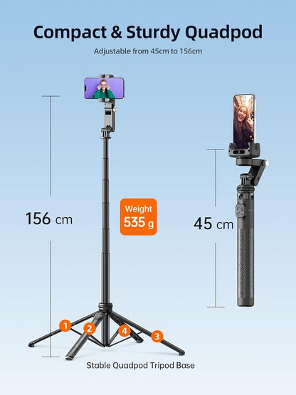 Rollei Auto Face Tracking Tripod, Smartphone Gimbal Stabilizer 61'' Selfie Stick Tripod Holder 360° Rotation for iPhone/Android Stand for Filming Streaming Tiktok Video Vlog