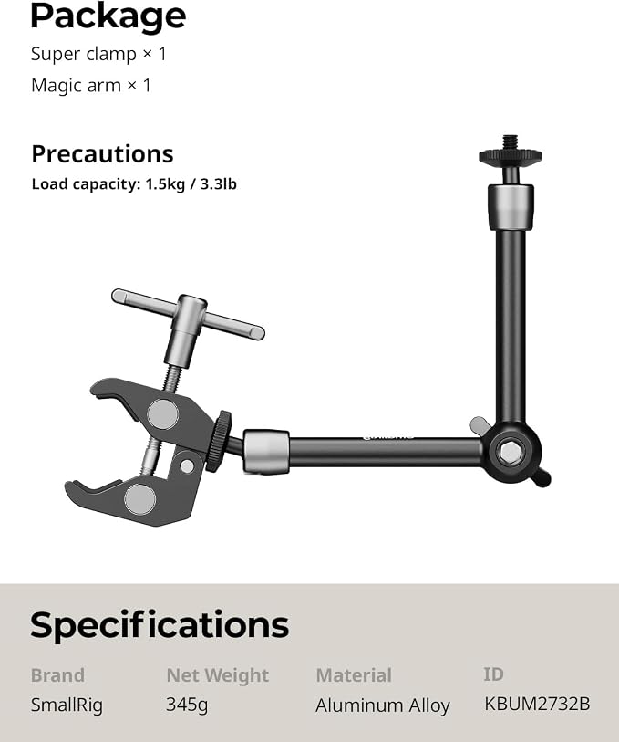 SMALLRIG Clamp w/ 1/4" and 3/8" Thread and 9.8 Inches Adjustable Friction Power Articulating Magic Arm with 1/4" Thread Screw for LCD Monitor/LED Lights - KBUM2732B