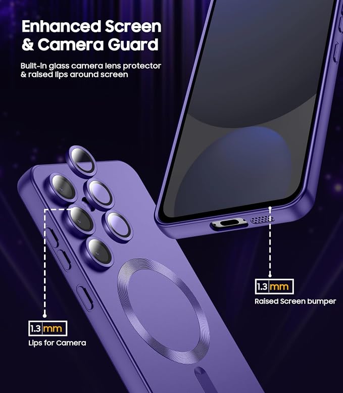 Magnetic for Samsung Galaxy S25 FE Case [Compatible with MagSafe][Built-in Camera Lens Protector] Slim Soft Silicone Bumper Shockproof Metallic Luster Phone Case, Purple