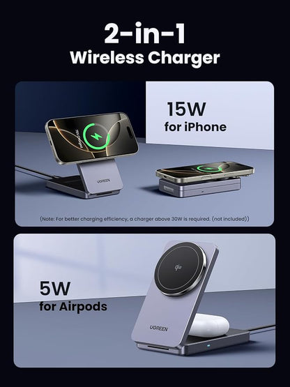 UGREEN Qi2 15W MagFlow Wireless Charger, 2-in-1 MagSafe Fast Charging Station, Foldable Charger Stand for iPhone 17/16/15/14/13/12 Series, AirPods 4/3/2/Pro, with a 3.3FT USB C Charging Cable Grey
