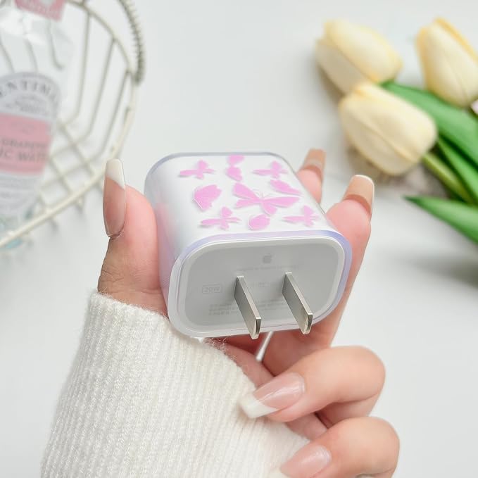 Lovmooful Compatible for iPhone 18W/20W USB-C Charger Cover Clear Lovely Butterfly Design Soft Charger Protector Cute Cable Case Saver Protector for Girls Women-Pink Butterfly