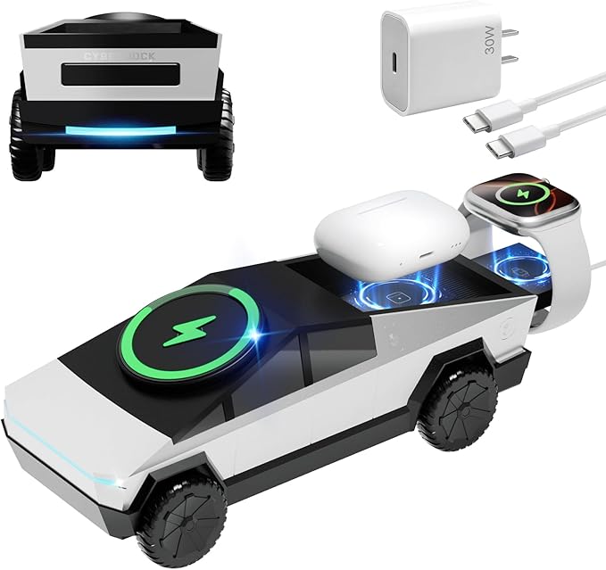 CyberDock (Latest Model) - 3-In-1 Wireless Charging Station for iPhone iWatch AirPods, Cybertruck 1:25 Scale Charger with Qi2 15W Fast Charging, Magnetic Rotation & Ambient Light, 30W Adapter (Sliver)