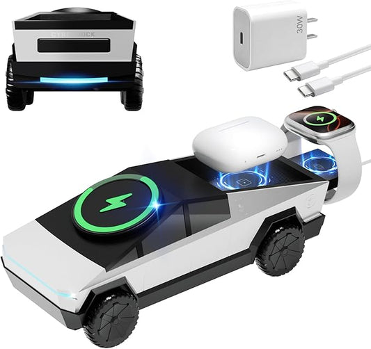 CyberDock (Latest Model) - 3-In-1 Wireless Charging Station for iPhone iWatch AirPods, Cybertruck 1:25 Scale Charger with Qi2 15W Fast Charging, Magnetic Rotation & Ambient Light, 30W Adapter (Sliver)