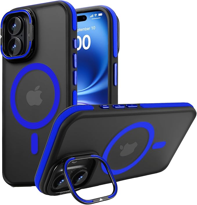 Magnetic case for iPhone 16 [10Ft Military-Grade Protection] Built-in Camera Stand Phone case, Compatible with fit MagSafe Shockproof Slim Thin Cover 6.1 inch,Blue Bumper Stand