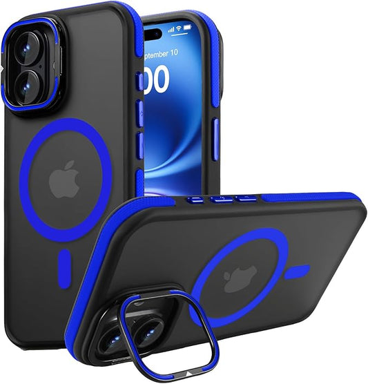 Magnetic case for iPhone 16 [10Ft Military-Grade Protection] Built-in Camera Stand Phone case, Compatible with fit MagSafe Shockproof Slim Thin Cover 6.1 inch,Blue Bumper Stand
