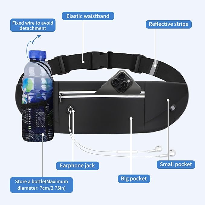 Slim Running Belt Fanny Pack for Men Women, Running Phone Holder Runners Pouch Waist Pack for Workout (1198, Black)