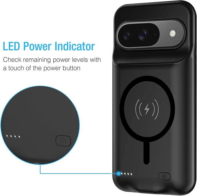 Battery Case for Pixel 9/9 Pro,10000mAh Portable Protective Smart Wireless Charging Case Support Carplay Compatible with Pixel 9/9 Pro(6.3 inches)Rechargeable Extended Battery Charger Cover(Black)