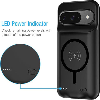 Battery Case for Pixel 9/9 Pro,10000mAh Portable Protective Smart Wireless Charging Case Support Carplay Compatible with Pixel 9/9 Pro(6.3 inches)Rechargeable Extended Battery Charger Cover(Black)