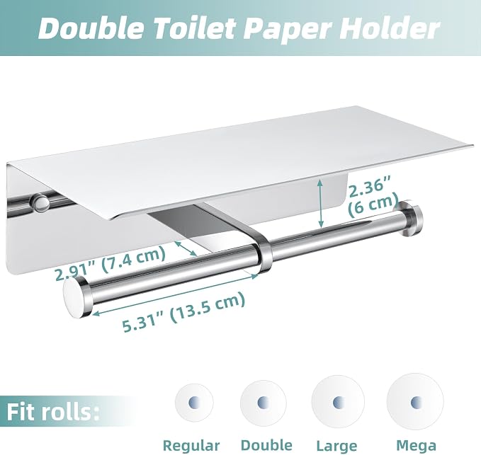 Double Toilet Paper Holder with Shelf Polished Chrome, APLusee SUS304 Stainless Steel Contemporary Bathroom Tissue Roll Holder Cell Phone Storage Rack